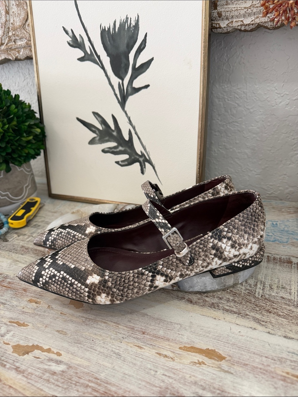 Franco Sarto Snakeskin Mary Jane Flats in Beige and Black
